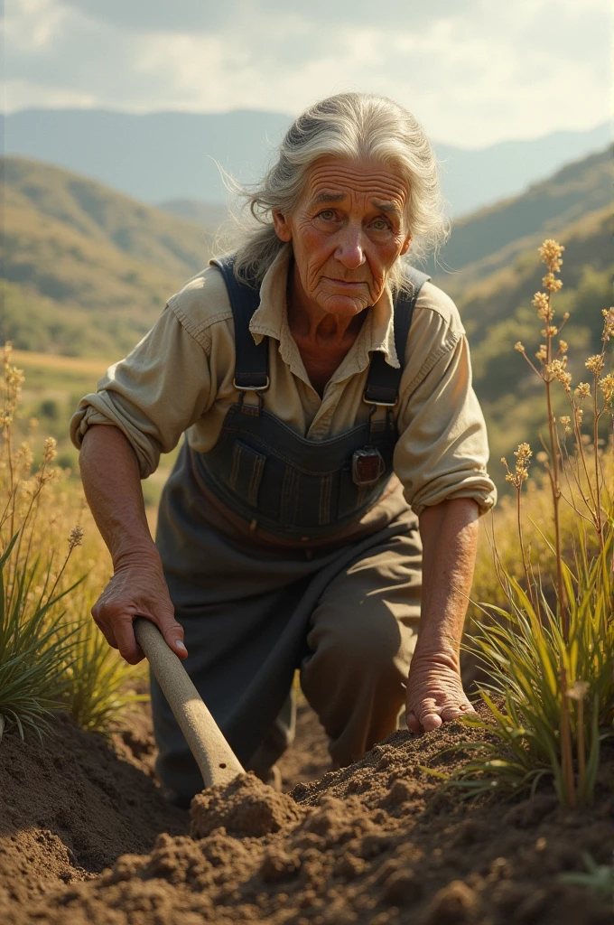 Poor old farmer working in her field 