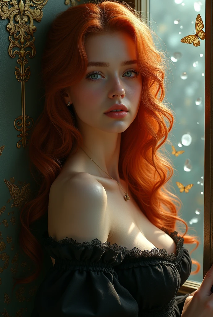 (solo, full body photo:1.3), (action packed:1.3), (haze, fog, mist:1.3), chiaroscuro, best quality, photorealistic, 1woman, (cute), (24yo:1.2), redhead, long ginger hair highly detailed, 1700'S, digital photography, art by artgerm and ruan jia and greg rutkowski surreal painting gold butterfly filigree, broken glass, (masterpiece, sidelighting, finely detailed Fashionable eyes: 1.2) (perfect oval large eyes that gazes at the viewer), beautiful detailed face, blue gorgeous perfect eyes, (blonde hair ponytail), (attractive young woman:1.3), (thick amazing hair), (seductive:1.1), (blushing:1.1)