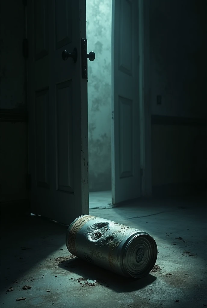 crushed can in the shadows. Make it like crushed crushed in the shadows. The door is open a bit and a bit of light is coming in. But like make it depressing. Add something about heart made if bones too. Make the can more crushed
