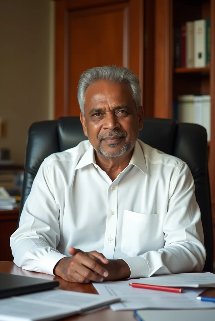A tamilnadu polititian wear white shirt and sitting in office 