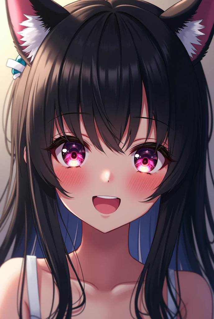 black hair, hair bobbles, wince, longeyelashes, solid circle eyes, fake animal ears, light smile, ear blush, fang, ccurate, drop shadow, anaglyph, stereogram, tachi-e, pov, atmospheric perspective, close-up, 8k, super detail, best quality