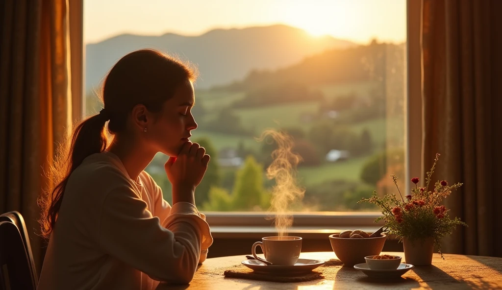 an image closeup of a woman in prayer having breakfast in front of a window at home with a beautiful landscape outside. yellow tones