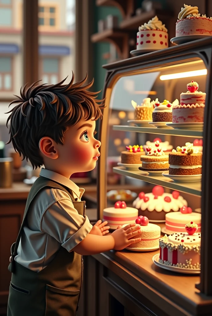 A boy at a cake shop looking at cakes with gusto
