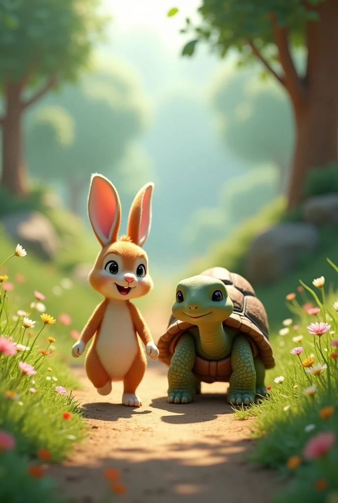 Need 3D animation style"True Friendship**: The story highlights the value of being content and the strength of friendship between the rabbit and the tortoise.