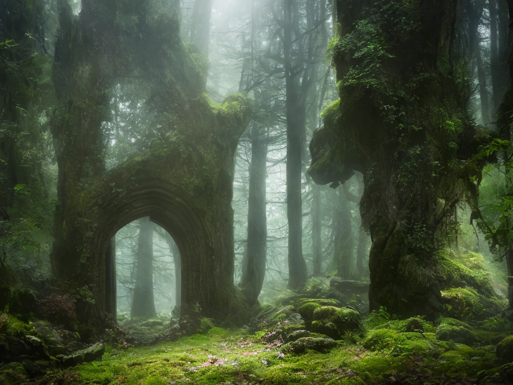 An impressive stone portal in a dark misty forest, dark fairytale atmosphere, soft light, high chaos, intricate work by Johan Grenier style, Alyssa Monks style