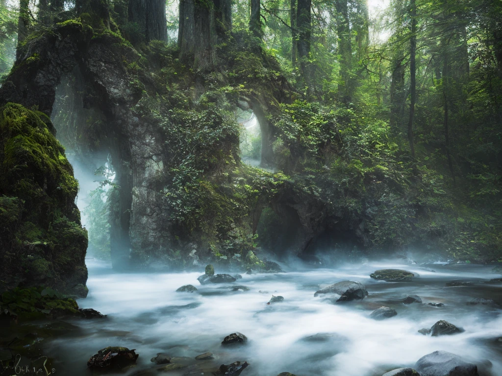 An impressive stone portal in a dark misty forest, dark fairytale atmosphere, soft light, high chaos, intricate work by Johan Grenier style, Alyssa Monks style