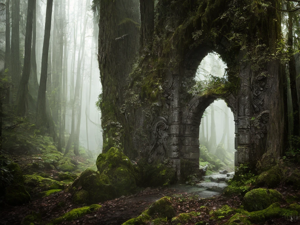 An impressive stone portal in a dark misty forest, dark fairytale atmosphere, soft light, high chaos, intricate work by Johan Grenier style, Alyssa Monks style