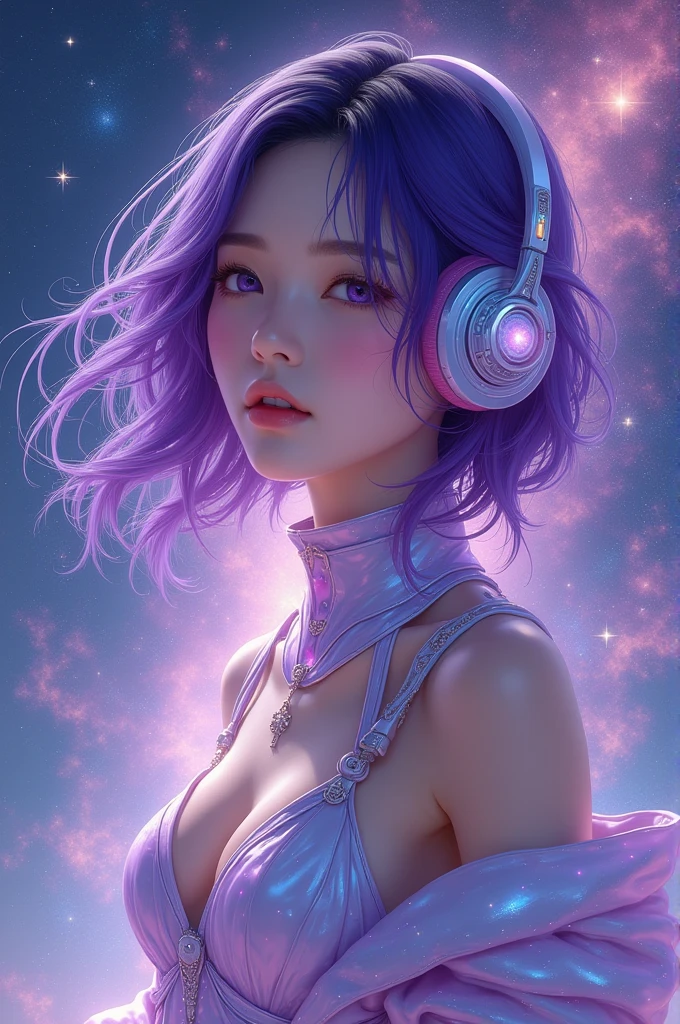 Korean purple hair butterfly woman with headphone in galaxy with universe transparent cosmic dust outfit