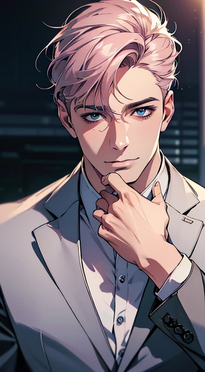 (best quality,4k,8k,highres,masterpiece:1.2),ultra-detailed,(realistic,photorealistic,photo-realistic:1.37),1 man,3,mature man,very handsome,without expression,smile,short grey pink hair,blue eyes,penetrating gaze,perfect face without errors,imposing posture,businessman,office background,cinematic lighting,hdr image