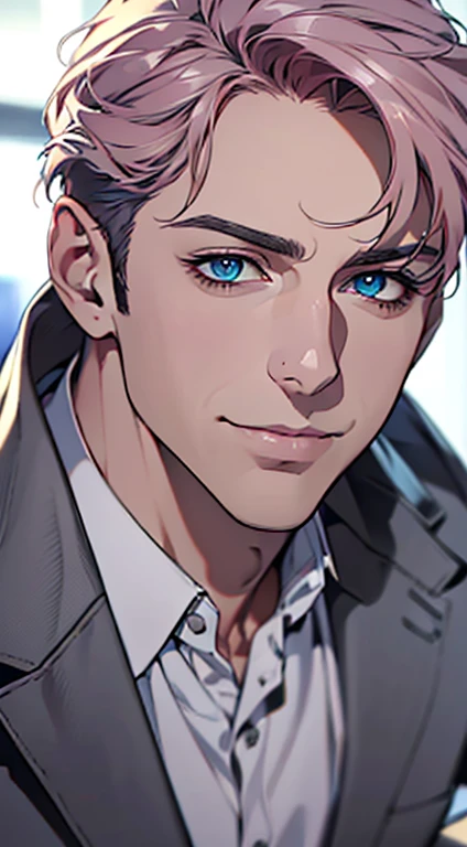 (best quality,4k,8k,highres,masterpiece:1.2),ultra-detailed,(realistic,photorealistic,photo-realistic:1.37),1 man,3,mature man,very handsome,without expression,smile,short grey pink hair,blue eyes,penetrating gaze,perfect face without errors,imposing posture,businessman,office background,cinematic lighting,hdr image
