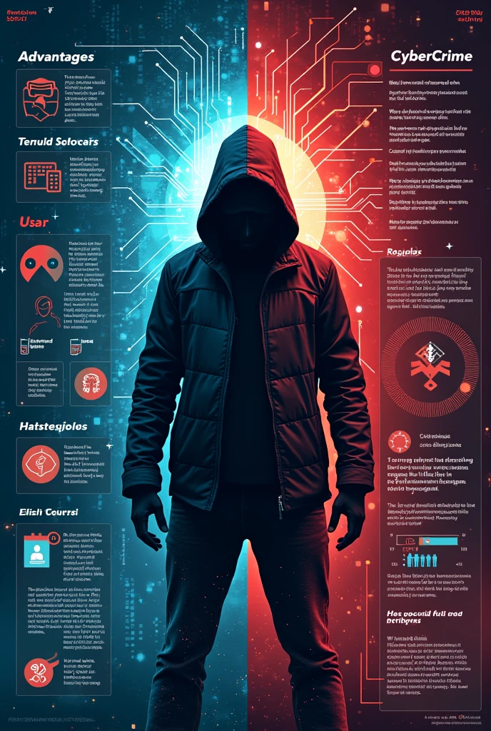 Genarate a poster on advantage and disadvantage of cyber crime in English with graphics with clear points