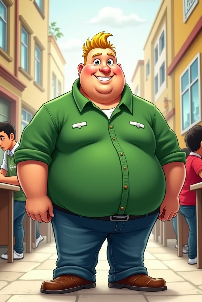 Gustavo white color, hair blonde, chubby green blouse, jeans, at Gordo school, with zeca's cut