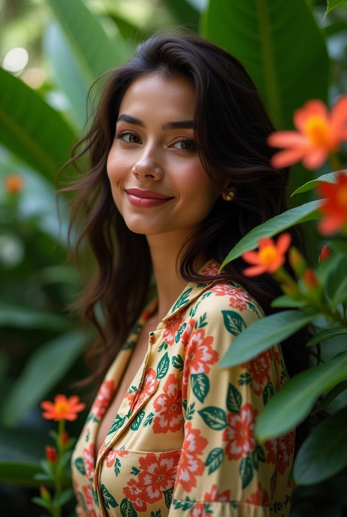A Brazilian woman in a lush tropical garden, wearing an open shirt with a floral print, with a close-up capturing the harmonious beauty between her breasts and the natural flowers, showing off your natural charm and outgoing personality.