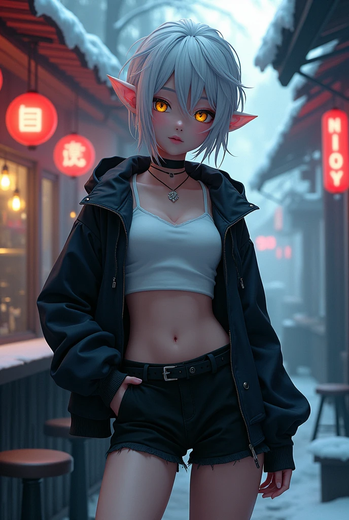 anime style {{ufotable style}}, female elf, beautiful yellow eyes, {{The Shining}}, her outfit is a white top with a black jacket and black short shorts, cyber iris, adult female character, beautiful intricate short white hair, athlete body shapes, surreal bar background, cold weather, beautiful leg, front view, luminism, three dimensional effect, 3D rendering, octane rendering, {{mix of bold dark lines and loose lines}}, isometric, stunning full color , {{ultra detailed face} }, {{rule of the third}}, 8k resolution, full body, cinematic lighting