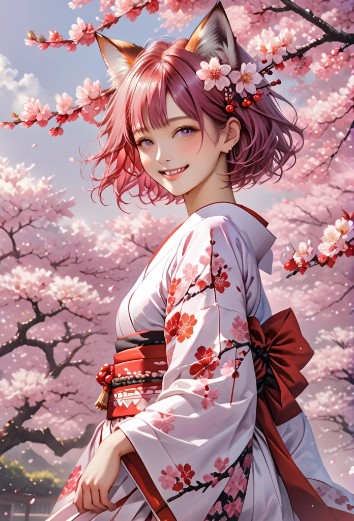 One girl, Realistic, (View your viewers:1), (Urzan-6500:0.66), Thighs, just legs, Speckled sunlight, Highest quality, Ultra-high resolution, (photoRealistic:1.4), Miko Yae, Fox Ears, short hair, pink hair, yes_cherry blossoms, jewelry, cherry blossoms, (smile:1), just_shoulder, hair_ornament, purple_eye, , independent_sleeve, , detailed eye,, (light smile:1), , (Small breasts:1.4), , (just upper body:1.4), , (Puffy nipples:1),, Put your arms behind your back,