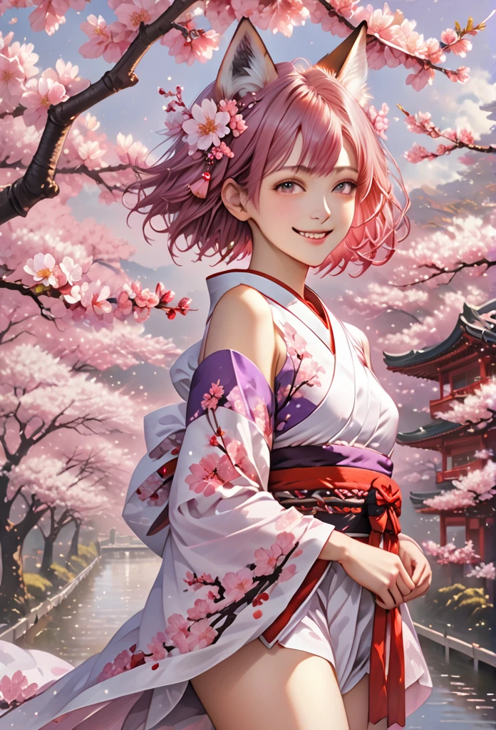One girl, Realistic, (View your viewers:1), (Urzan-6500:0.66), Thighs, just legs, Speckled sunlight, Highest quality, Ultra-high resolution, (photoRealistic:1.4), Miko Yae, Fox Ears, short hair, pink hair,  yes_cherry blossoms, jewelry, cherry blossoms, (smile:1), just_shoulder, hair_ornament, purple_eye,  , independent_sleeve, , detailed eye,, (light smile:1), , (Small breasts:1.4), , (just upper body:1.4), , (Puffy nipples:1),, Put your arms behind your back,