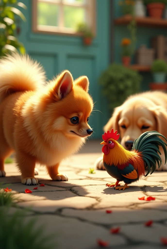 POMERANIAN DOG FIGHTING WITH A SMALL ROOSTER AND A SLEEPING GOLDEN RETRIEVER