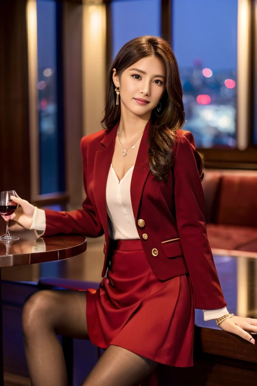 ((Highest quality、Ultra-high resolution、masterpiece))、(Full Body Portrait)、Wine Red Blazer、(blouse:1.1)、(Long burgundy skirt:1.3)、(silk pantyhose)、(Sitting down, her high heels and legs look beautiful.)、1 girl、Mid-chest、(Perfect Anatomy, Perfect body, Perfect hands, Perfect Face, Perfect Eyes, Accurate, Anatomically correct), Perfectly clear and sharp focus, ((Highest quality、Ultra-high resolution, masterpiece, Ultra-realistic))、Modern architecture at night on the background、Professional Lighting