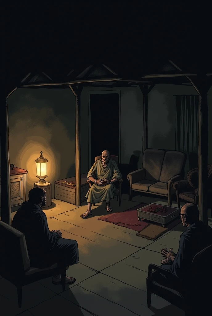 living room of poor people&#39;s village house at night