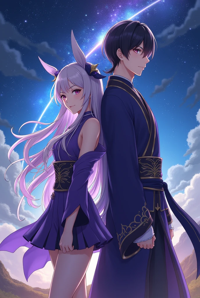 Create an image featuring the characters Keqing and Zhongli from Genshin Impact. Use original images of the characters or fanarts for their creation. Zhongli must have his typical dark hair and his original Liyue clothes.. Both characters must be standing back to back. The background must have shooting stars