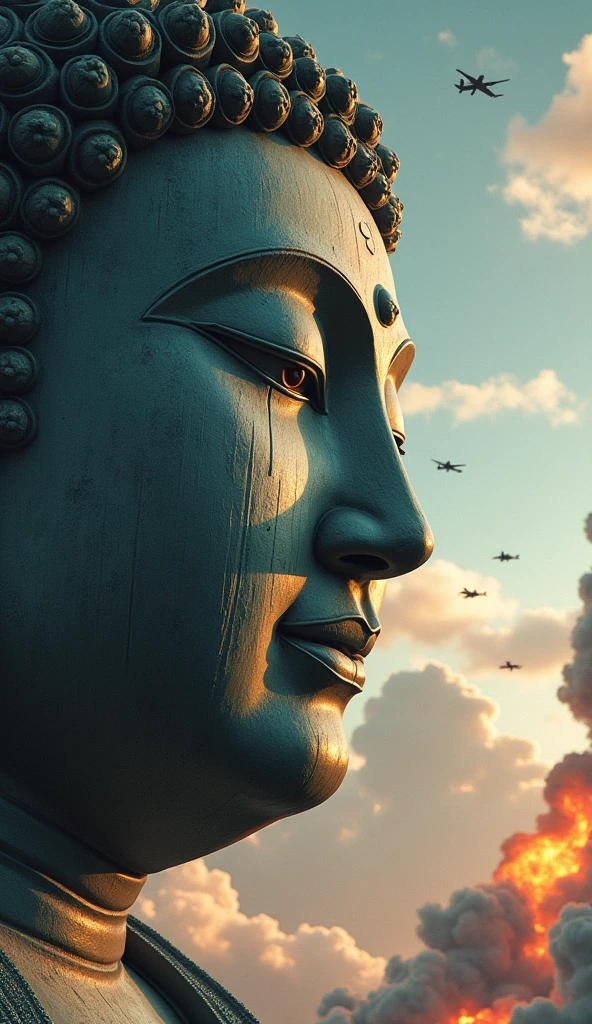 a huge buddha statue shedding a single tear, many war planes can be seen in the sky, air raid, focus on the buddha's face, smokey scene, explosion, very sharp color, very detailed, well defined, high resolution, 4k