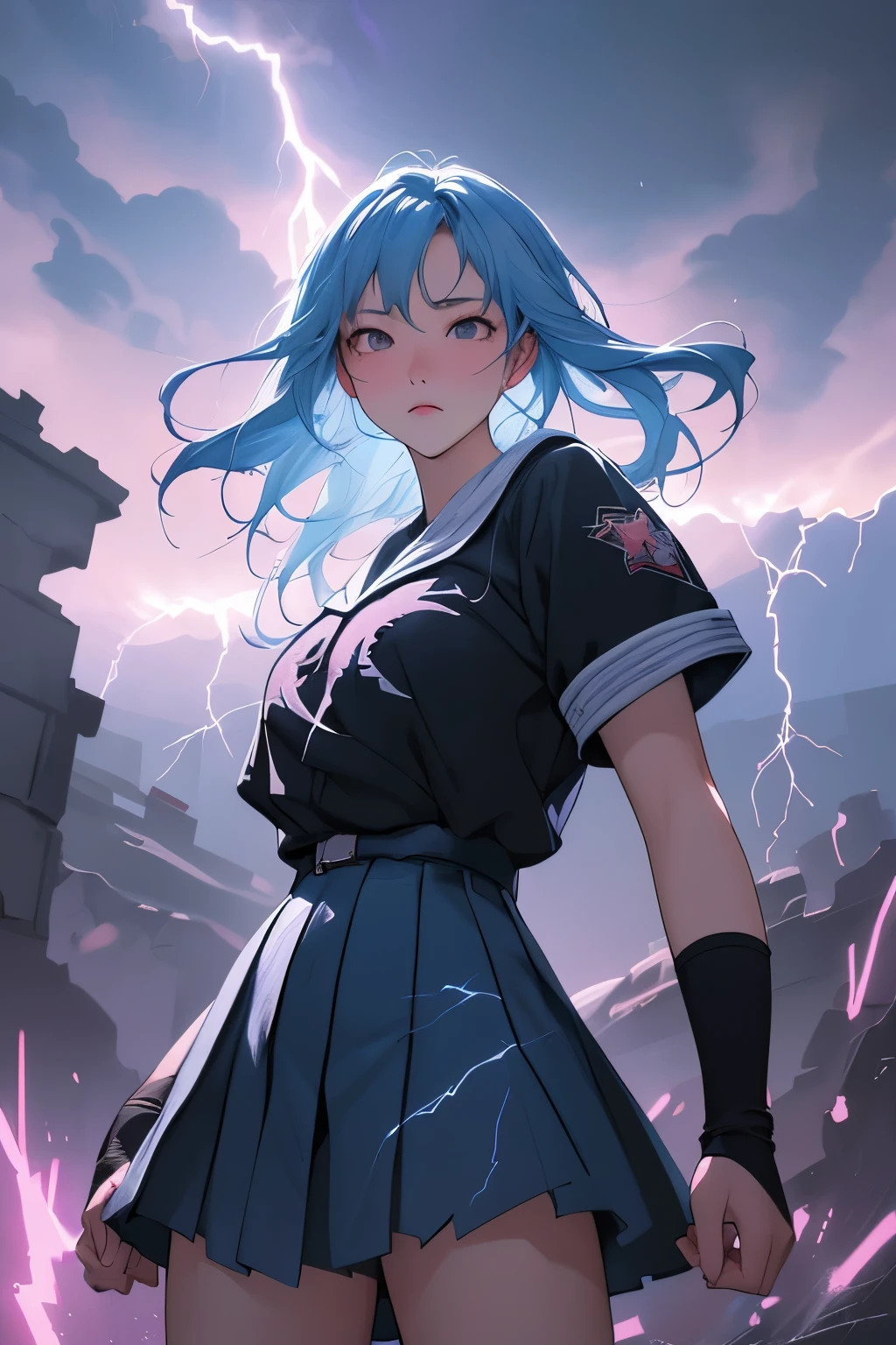 masterpiece、Bold, anime-style illustration、Dense painting、Humorous and crazy。1 high school girl、Cinematic lighting、「Awakening」A transformative and inspiring theme、Clench your fists、A high school girl standing up strong、The background is a desolate land、lightning、Lightning strikes her。