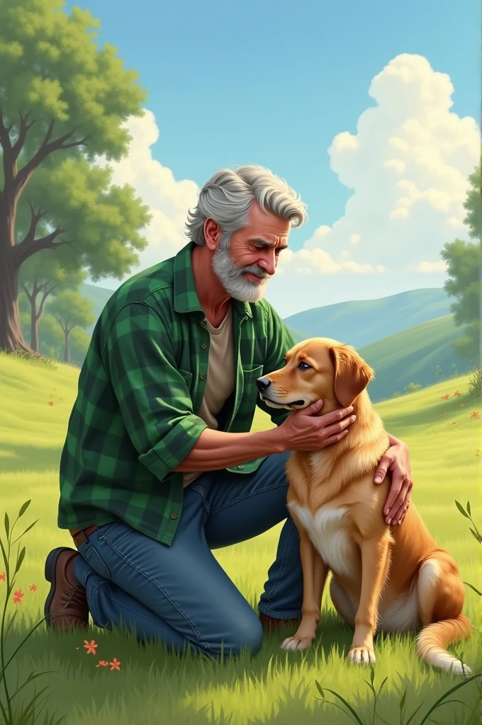 A man dressed in green petting a dog