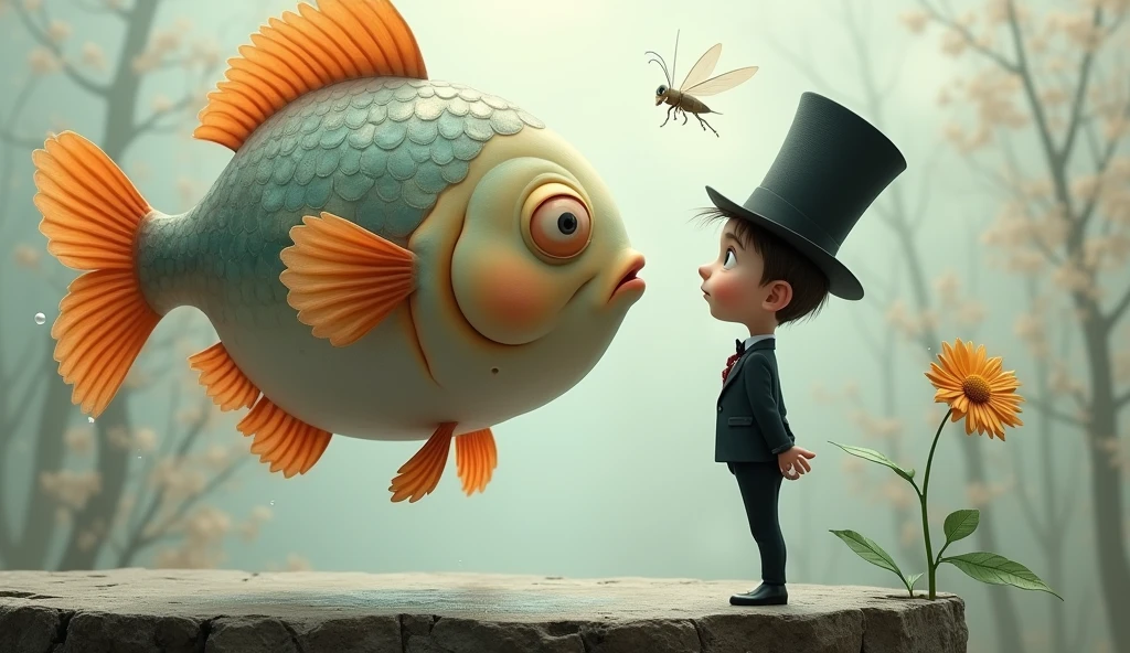 In a surreal, dreamlike setting, a large, anthropomorphic fish hovers in mid-air, its scales shimmering with subtle iridescent hues, and its large, round eyes, large eye ball, fat body, funny face, full of curiosity. The fish has vibrant orange fins that fan out gracefully, with delicate, translucent edges that catch the light. It faces a peculiar, a cartoonish boy who is dressed in a perfectly tailored black suit, laughing, complete with a crisp white shirt and a tall, slightly tilted top hat. The boy’s head is disproportionately large, exaggerated popped eyes that mirror the fish's inquisitiveness. His expression is one of intense focus, goofy as he leans precariously forward on the edge of a weathered platform, his hands clasped behind his back. Between them, a tiny, delicate insect with gossamer wings hovers, seemingly frozen in the moment. The background is an ethereal, muted blend of soft grays, beiges, and blues, with faint, abstract textures that enhance the otherworldly atmosphere of the scene. A single, fragile flower grows from a crack in the platform, adding a touch of whimsy to the already fantastical environment. There are some water bubbles in the background