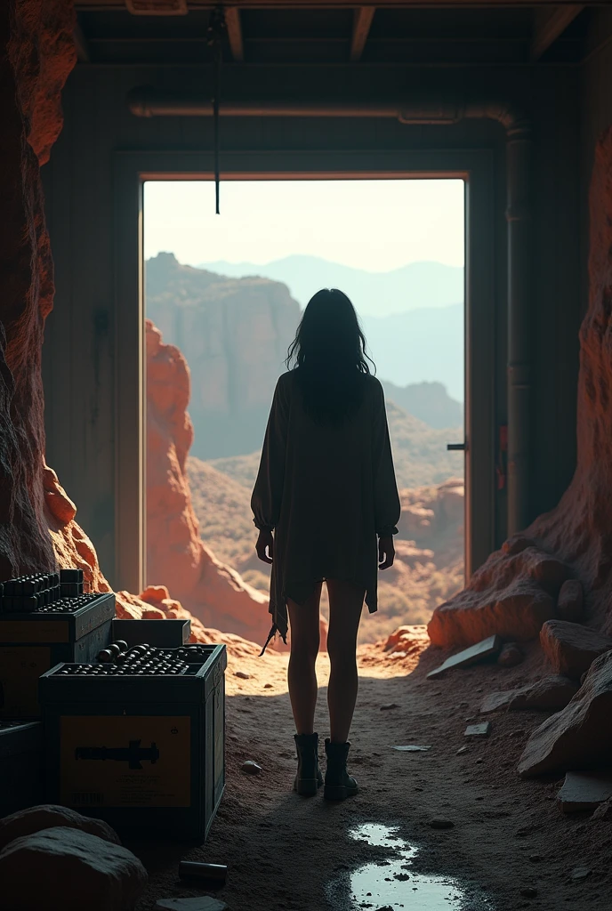 (8K),(masterpiece),absurd, High target, Extremely detailed, (1 Girl:1.3),, rest, Discreet lighting, GLOOMY AMBIANCE, Dark Shadows, Subtle highlights, Mysterious atmosphere, rest, Panoramic photography, Wide-angle viewing angle, Stunning scenery, Excellent scenery, Broad scene, Visual Depth, Stunning perspective, (Wasteland of Doom), (Red Rock Canyon), Looking out from the cabin, ((Warehouse window view)), In the foreground are boxes of ammunition and shells