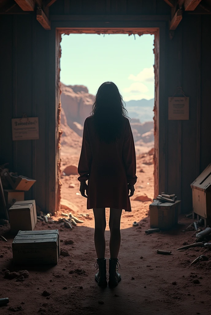 (8K),(masterpiece),absurd, High target, Extremely detailed, (1 Girl:1.3),, rest, Discreet lighting, GLOOMY AMBIANCE, Dark Shadows, Subtle highlights, Mysterious atmosphere, rest, Panoramic photography, Wide-angle viewing angle, Stunning scenery, Excellent scenery, Broad scene, Visual Depth, Stunning perspective, (Wasteland of Doom), (Red Rock Canyon), Looking out from the cabin, ((Warehouse window view)), In the foreground are boxes of ammunition and shells