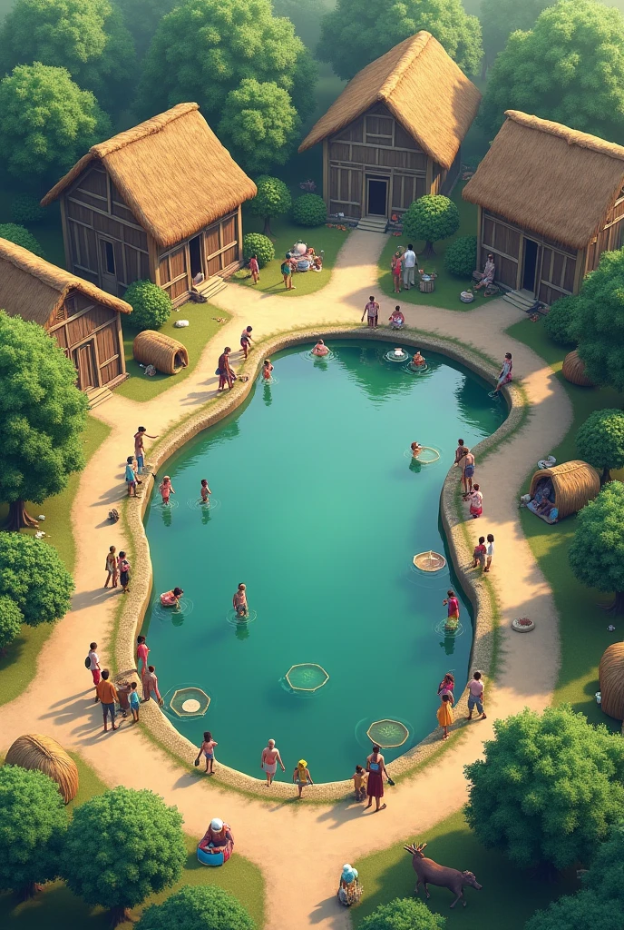 Village community drinking pond (lxb= 40×50 meter wide ) square shape view from above .