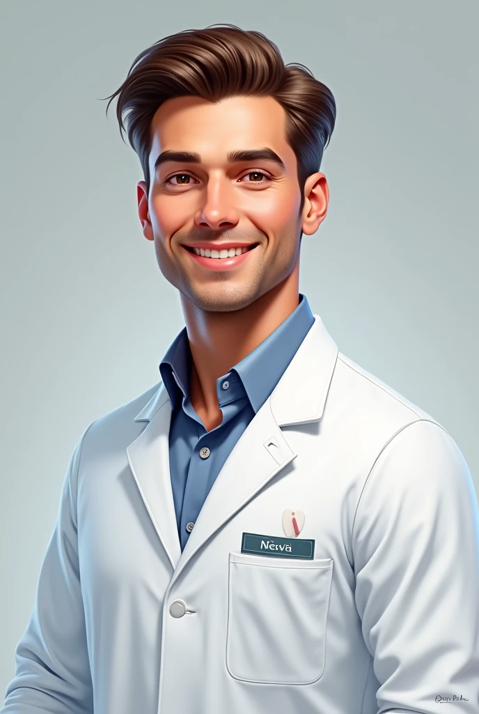 I would like a 2D picture of a male pharmacist with a center-parted hairstyle. He looks like a handsome guy.