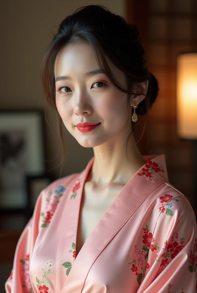 (Highest quality、Tabletop、8k、Best image quality、Award-winning works)、(A beautiful 40-year-old Japanese beauty:1.1)、(The proprietress of a luxury inn:1.1)、(Elegant pink floral print kimono:1.2)、(Kimono that shows the chest:1.3)、(Big cleavage:1.5)、(Open the chest:1.3)、(big soft breasts:1.3)、(Exposing the Big Cleavage:1.3)、Perfect mature woman portrait photo、Glowing Skin、Standing Elegantly、(Blurred elegant luxury hotel background:1.3)、(The most natural and perfect tidy luxury inn background:1.2)、(The most moody and romantic:1.2)、(Tyndall effect:1.1)、Great cinema lighting、(The most atmospheric and warm lighting:1.1)、Glowing White Skin、Very white skin、(Accentuate your body lines:1.1)、(The most graceful posture:1.2)、Perfect beautiful glossy lips、(Accurate anatomy:1.1)、(A perfect and elegant outfit:1.1)、(Standing with good posture:1.1)、(Face close-up:1.2)、hair bun、Perfect classy makeup、Beautiful glossy lips、Glowing, beautiful, flawless skin、Sexy Japanese beauties、(A slight smile full of sex appeal:1.1)、(A charming 40-year-old beauty:1.1)、(A charming little smile:1.1)
