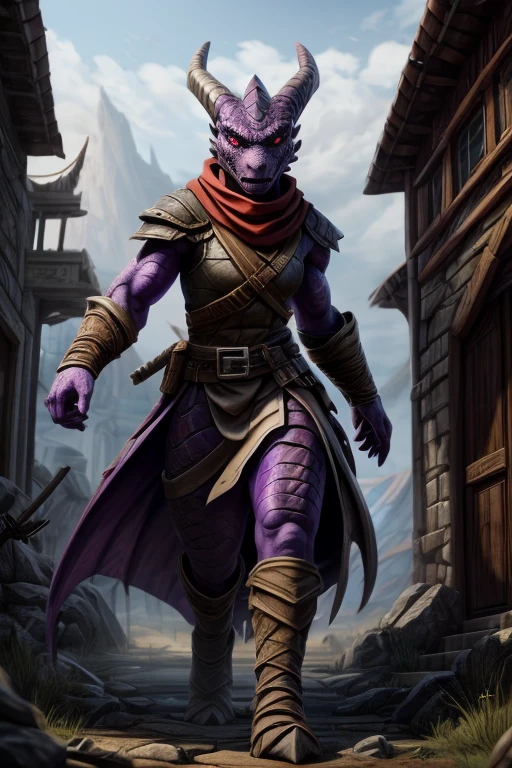 8k, high resolution,1 tail, Eyes red, 2 arms , 5 fingers, 2legs, rogue, assassin outfit, long red scarf , Battlefield scenario, Purple Dragonborn, purple skin, purple scales, anthropomorphic, illustrative art.