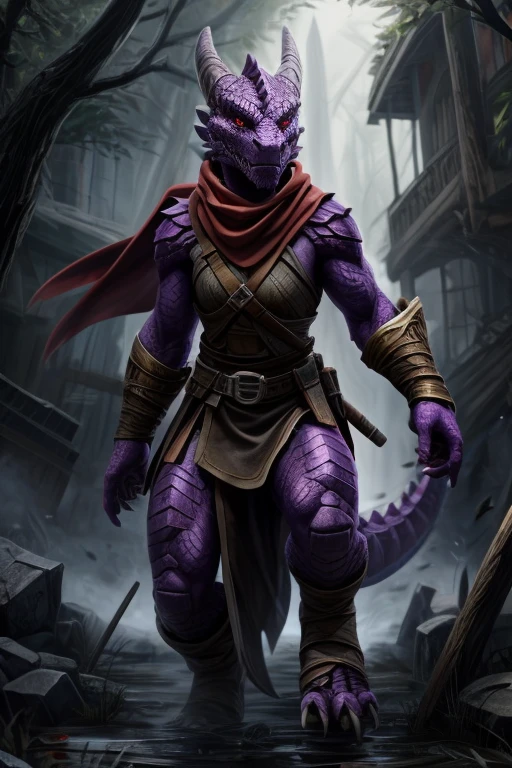 8k, high resolution,1 tail, Eyes red, 2 arms , 5 fingers, 2legs, rogue, assassin outfit, long red scarf , Battlefield scenario, Purple Dragonborn, purple skin, purple scales, anthropomorphic, illustrative art.