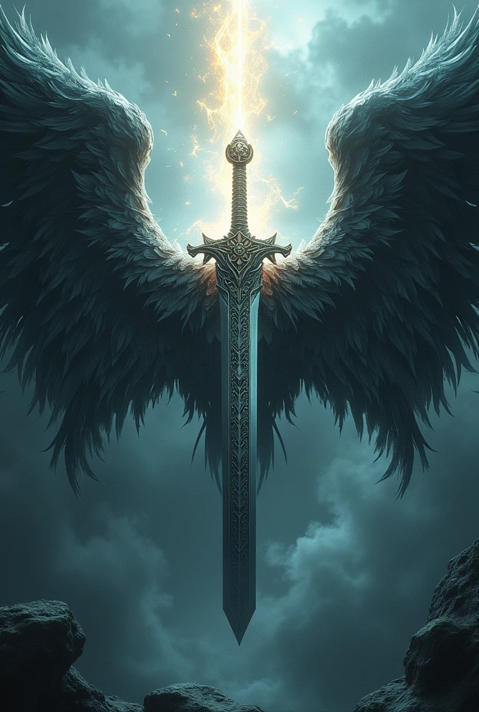 (photorealism:1.2), hell and heaven wings sword in middle make unique without figures of human or any skeleton make it evil and angel type 