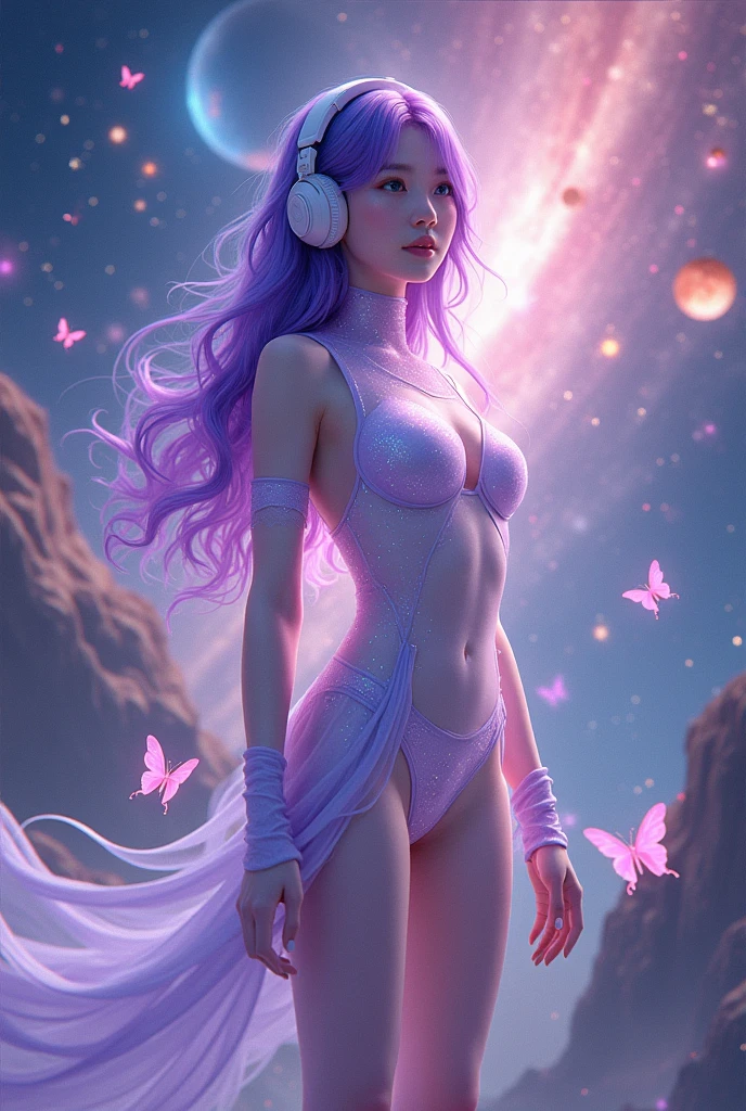 Korean purple hair butterfly woman with headphone in galaxy with universe transparent cosmic dust suit perfect full body realistic appear planets