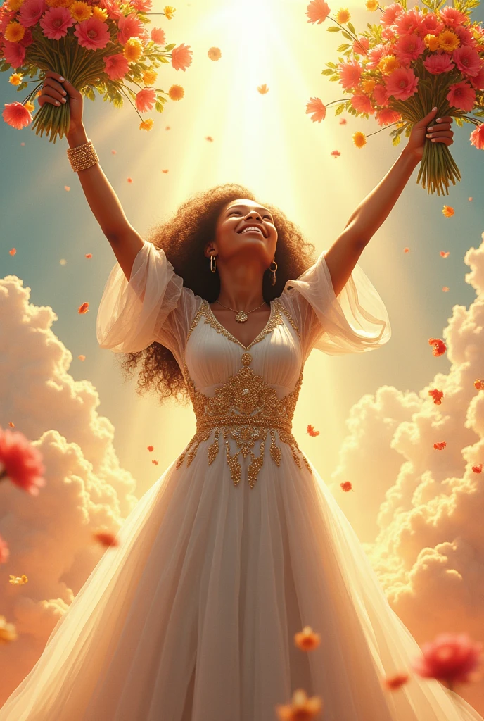 une jeune femme noire vêtue comme une mariée .Avec une robe blanche brodée et des bordures dorées ,avec les cheveux crépus longs; Elle représente l'Eglise ,l'épouse de Christ. Elle lance des fleurs colorées vers le ciel pour louer Dieu, et semble très heureuse ,très épanouie .
Les couleurs sont vives et chatoyantes .