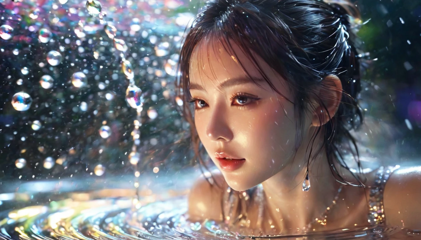 1 girl，beautiful，Bling Bling Bling Bling，motion blur，water drop，Cinematic lighting effects