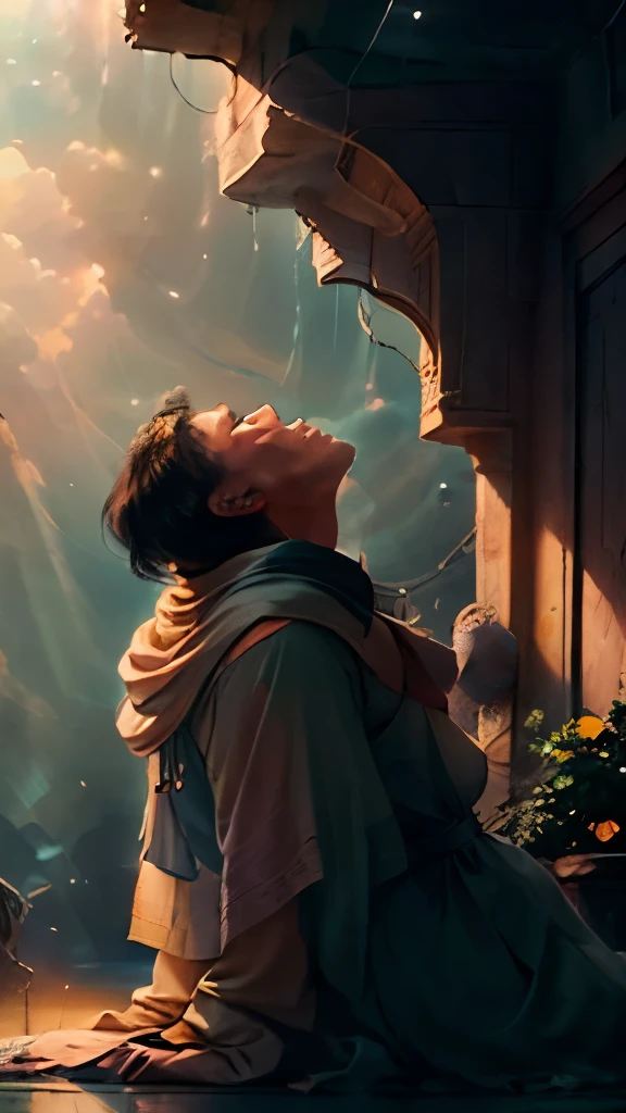 Man kneeling in a pious manner, looking up at the sky with a contrite look, a soft light illuminating your face, religious illustration, pastel colors, 