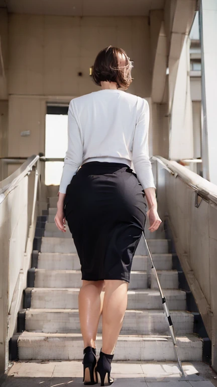 (Full body photo:1.9), (Shooting from behind:1.5), Clothes are tight to the body, (((Long pencil skirt))), Climbing the stairs at the station, ((walk)), expensive, glamorous, Stiletto heels, Short Hair, carrying a handbag, Voluptuous figure