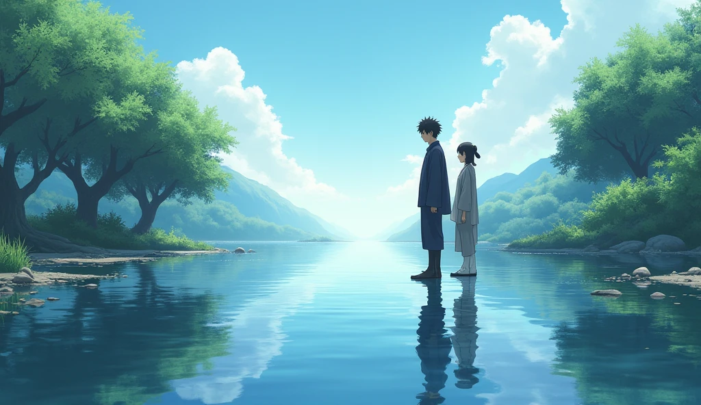 Hiro and Master Koji stand side by side, quietly observing the pond as the ripples gradually fade. The water becomes still again, mirroring the surrounding trees and the clear blue sky above. The scene captures the moment of calm returning to the pond, symbolizing the return of peace after disturbances. The soft light of the late afternoon gently illuminates both Hiro's contemplative expression and Master Koji's serene face