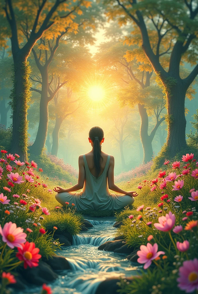Imagine a serene, mystical garden, bathed in a soft golden glow, resembling ancient illuminated manuscripts. In the heart of this scenery, there's a figure sitting in a meditative state, encircled by vibrant blossoming flowers and gently babbling streams of water. The scene is portrayed through a tilt-shift lens, bringing about an otherworldly, dreamlike ambience and highlighting the spiritual aspect of the journey. The artistry is a blend of digital art and glowing airbrush techniques, giving the visualization an alive feel with bright colors and fine details. This image should evoke a profound feeling of tranquility, enlightenment, and respect for the spiritual journey conveyed in ancient holy texts.