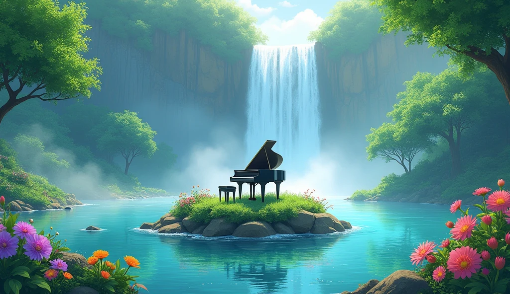 This image is、I draw tranquil natural scenery.。In the center is a grand piano placed on the island.、A waterfall cascades in the background.、Lush tree々It is surrounded by。In the foreground there are colorful flowers、The soft light of early morning or evening envelops the whole.。This scene、It creates a peaceful and magical atmosphere.。Fantastic watercolor style。Makoto Shinkai-style anime。Green foliage tree