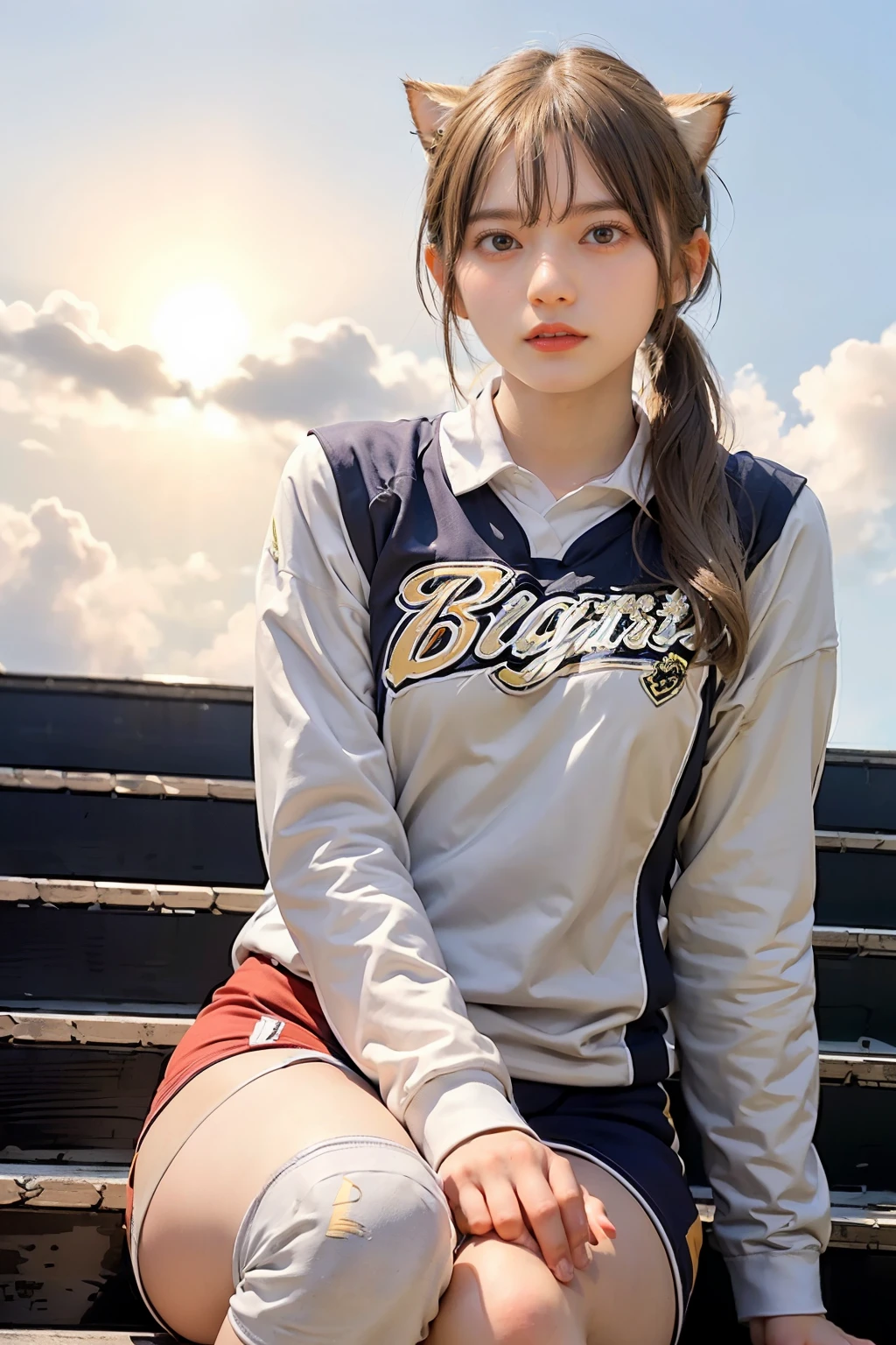 Masterpiece, 4K, bokeh, (Perfect body:1.4), (volleyball uniform:1.5), (Bright Blonde hair:1.5), (ponytail:1.2),(Blushed face:1.3), (Plump breast:1.2), (Sitting in stairway:1.2), (Cat ears:1.3),(From below:1.6),(Sundown :1.2), (Orange beautiful sky and clouds:1.2)