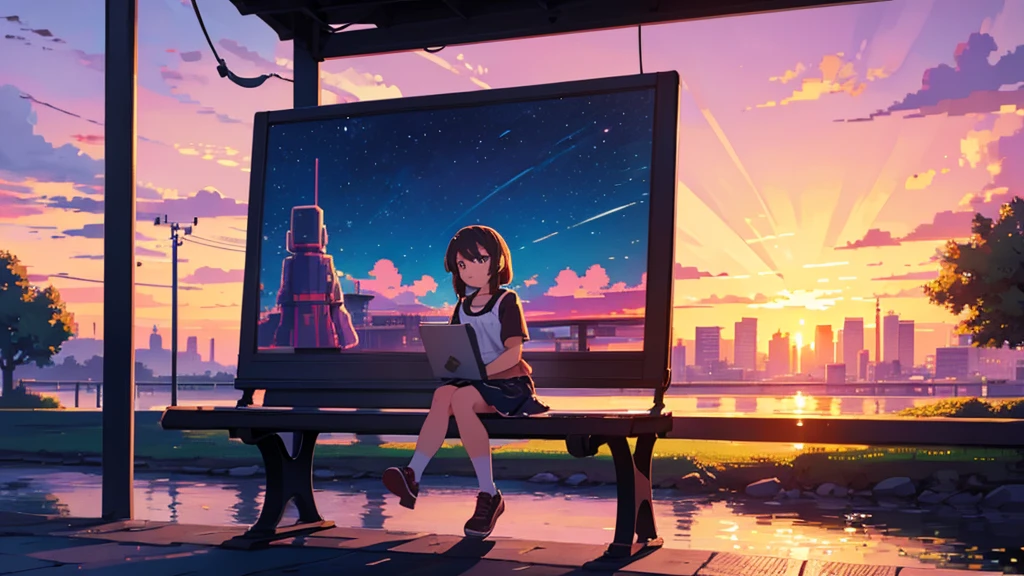 girl sits on a bench and looks at the sunset drawn in the style of pixel art, 8 bit, 8k resolution, high detail