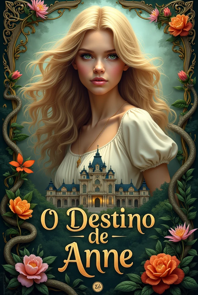 create the cover for my book Anne's Fate for me, My author name is Kelly Ramos, put flowers, palace and serpent, Anne is blonde with green eyes, wavyhair. Put the title in Portuguese.