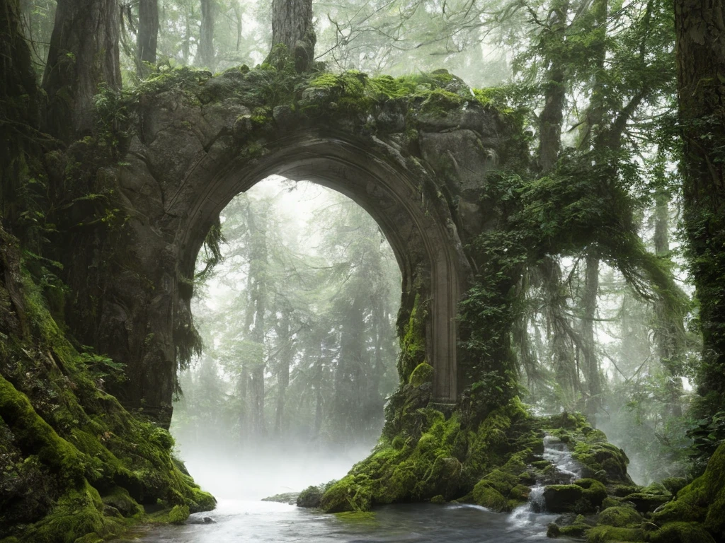 An impressive stone portal in a dark misty forest, dark fairytale atmosphere, soft light, high chaos, intricate work by Johan Grenier style, Alyssa Monks style