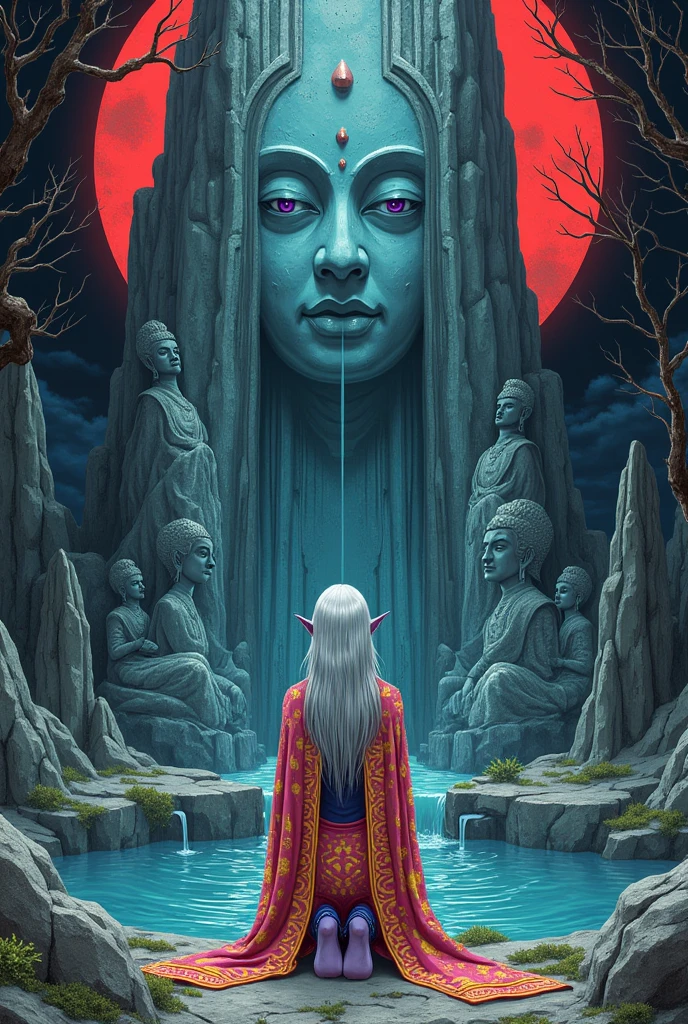 (Ultra-detailed face, looking away, Fantasy Illustration with Gothic, Ukiyo-e, Comic Art), 
BREAK 
(A female dark elf priestess kneels with her back to a large, tall crystal rock face, wearing carved armor and praying to a heroic-looking Buddha statue holding a sword.), 
BREAK 
(Here, under the midnight red, black and white moonlit night sky, clear water gushes from a spring in the sacred atmosphere of the forest. A Buddha image is carved on the rock face beside the spring.), 
BREAK 
(DarkElves: A middle-aged dark elf woman with silver color hair, blunt bangs, very long disheveled hair and dark purple color skin, lavender color eyes.), 
BREAK 
(DarkElves: A dark elf priestess wears a lacy, bright red and yellow geometric-patterned robe with blue ribboned anklets around the ankles of her bare feet.)