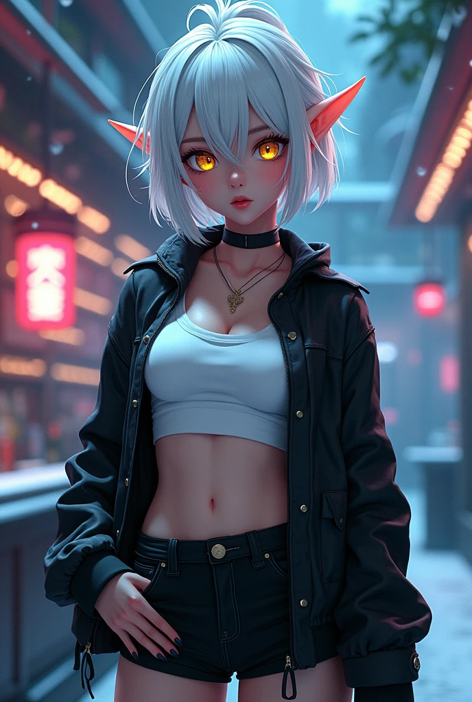 anime style {{ufotable style}}, female elf, beautiful yellow eyes, {{The Shining}}, her outfit is a white top with a black jacket and black short shorts, cyber iris, adult female character, beautiful intricate short white hair, athlete body shapes, surreal bar background, cold weather, beautiful leg, front view, luminism, three dimensional effect, 3D rendering, octane rendering, {{mix of bold dark lines and loose lines}}, isometric, stunning full color , {{ultra detailed face} }, {{rule of the third}}, 8k resolution, full body, cinematic lighting